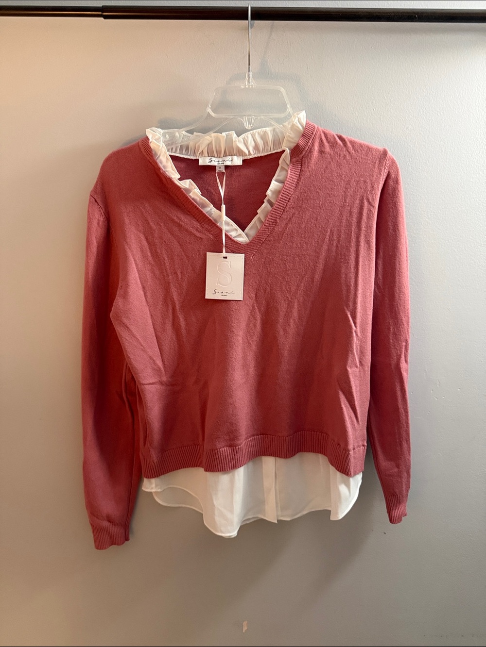 Sioni Rose Pink V-Neck Sweater with White Ruffle Trim